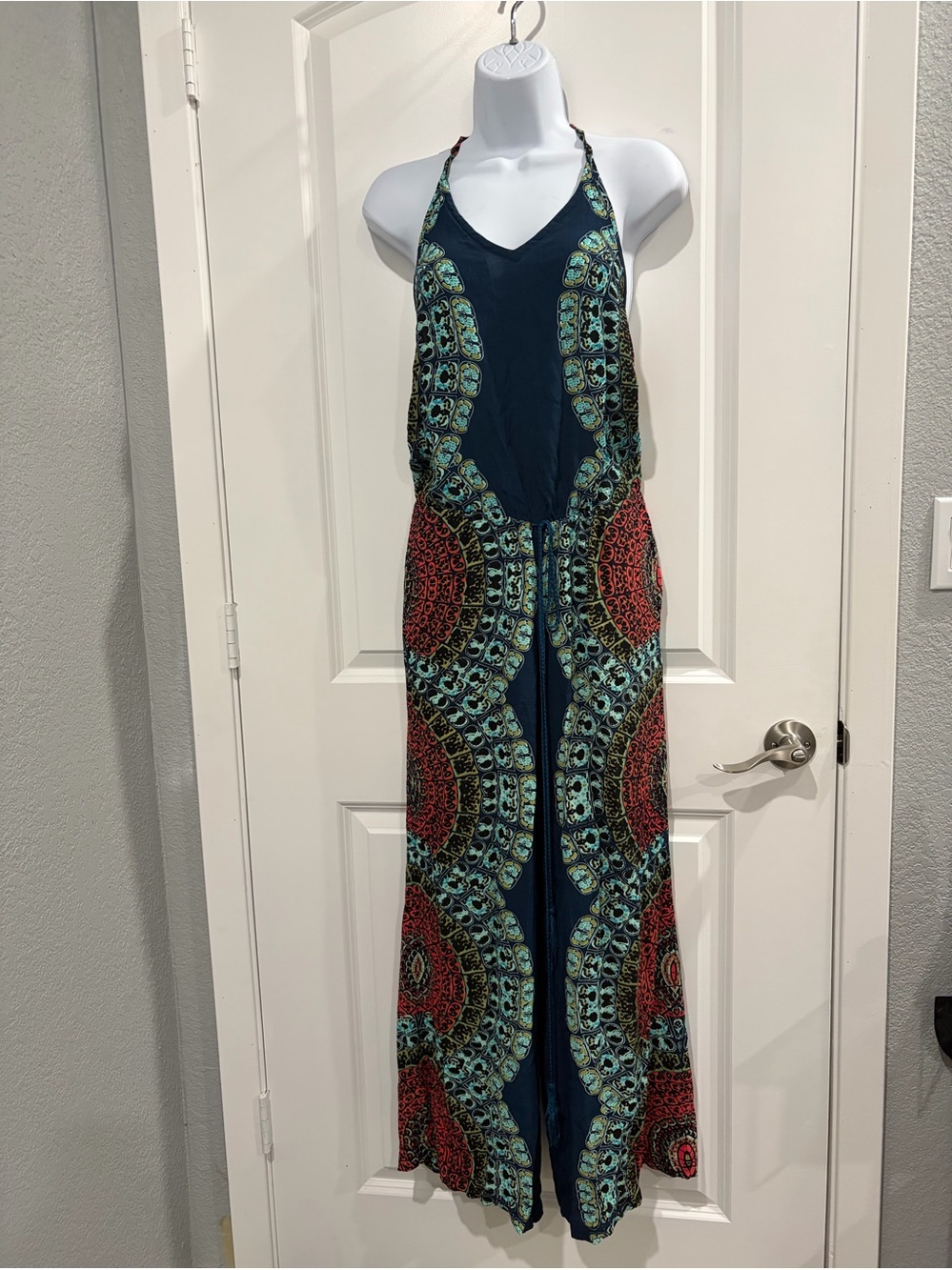 Cleobella Navy Halter Maxi Dress with Teal & Red Medallions